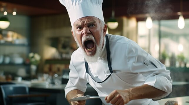 Angry male chef yelling in restaurant kitchen. Screaming cook