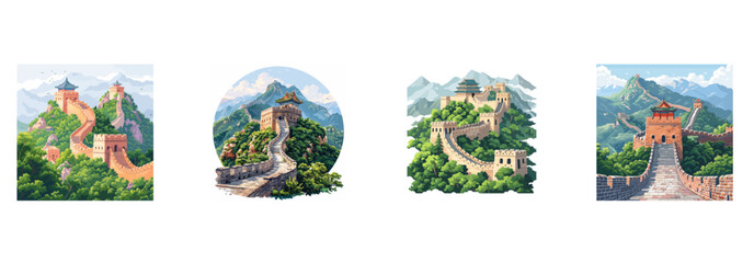 Great Wall, historical fortification, Chinese landmark clipart vector illustration set