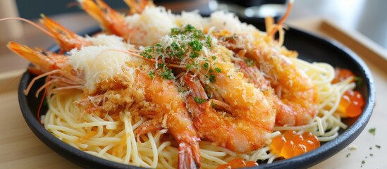 A plate showcasing a fusion of spaghetti, tempura shrimps, and shrimp egg. The dish is a harmonious blend of flavors, textures, and colors.