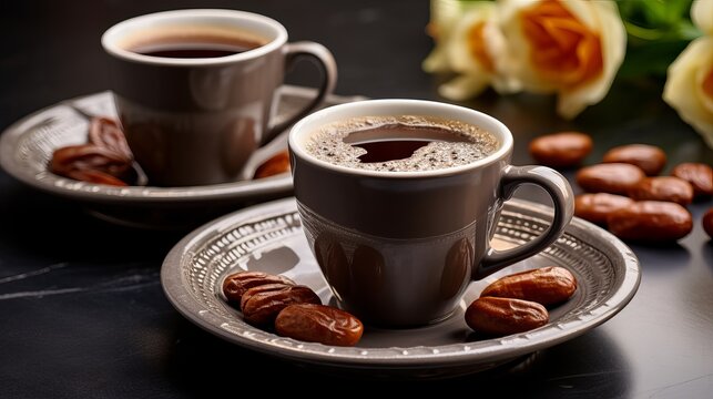 Arabic coffee cups with bowl full of dates
