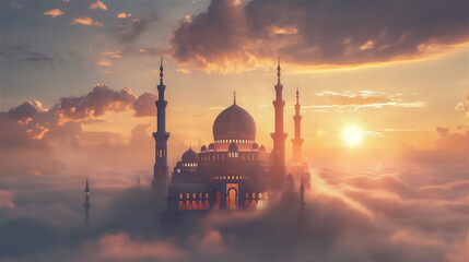 Mosque on the edge of rock cliff in universe with clouds at sunset in surrealism style illustration 