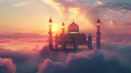 Mosque on the edge of rock cliff in universe with clouds at sunset in surrealism style illustration  - obrazy, fototapety, plakaty