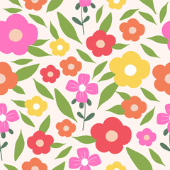 Seamless pattern with colorful flowers. Hand drawn floral pattern for your fabric, summer background, wallpaper, backdrop, textile. Vector illustration