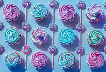Fototapeta na wymiar colorful icing cupcakes and lollipops, in the style of light cyan and indigo, photo-realistic hyperbole, minimalist backgrounds, shaped canvas, high resolution, high-angle, eye-catching 