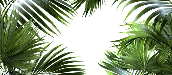 Several palm trees with vibrant green leaves are standing tall against an isolated white background. The leaves sway gently in the breeze, creating a tropical and lush appearance.