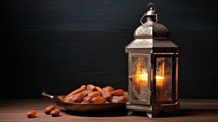 Fototapeta premium Dates, arabian lantern and rosary. Islamic holidays concept. Ramadan decoration. Retro style toned picture