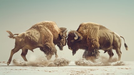 Two bison face each other, pastel colors, action photo