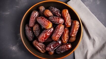 Fresh dry dates in a  bowl top view