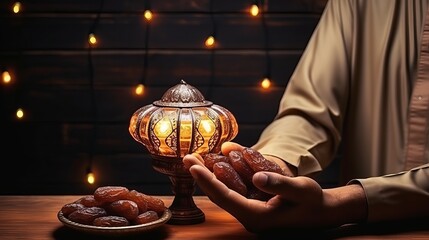 Obraz na płótnie Canvas Holy month of Ramadan concept.Muslim Lifestyle. Fasting. Ramadan lantern, dates. A man's hand reaches out to a plate with dates on a wooden table. Dark brown background