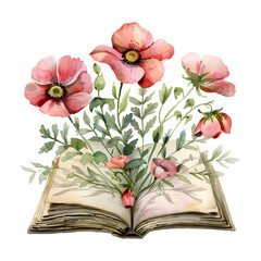 Watercolor illustration,watercolor painting of flowers,book with flowers clipart watercolor,hand-painted isolated on a white background, Watercolor Book flowers hand painted isolated,164