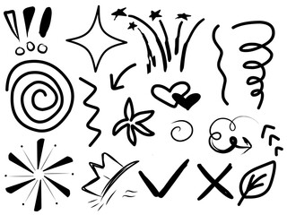 Abstract arrows, ribbons, crowns, hearts, explosions and other elements in hand drawn style for concept design. Doodle illustration. Vector template for decoration