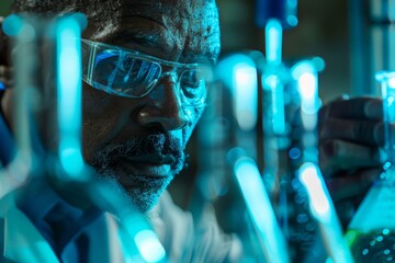 Scientist senior male researcher carrying out scientific research in a lab scientist engrossed in a laboratory experiment, surrounded by beakers and equipment, examining chemical,Portrait of confident