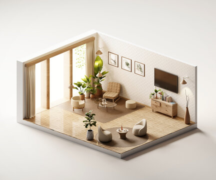 	
Isometric view living room muji style open inside interior architecture 3d rendering	
