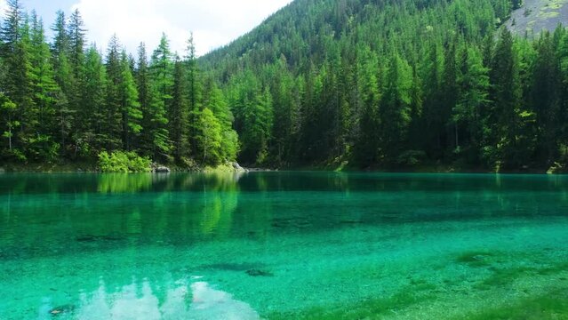 Gruner See, beautiful green alpine lake with crystal clear water in spring, Gruner See, Styria, Austria, Europe