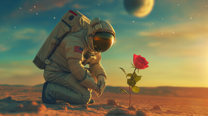 Astronauta raccoglie una rosa nel deserto di un pianeta lontano.