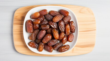 Obraz premium Plate of pitted dates on a white wooden background. Top view