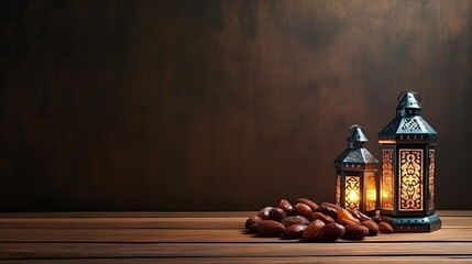 Fototapeta na wymiar Ramadan concept. Dates close-up in the foreground. Ramadan Lanterns and a bowl of date on a wooden table. wall background. Space for text on the right. iftar concept image.Ramadan kareem 3d image.