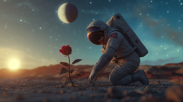 Astronauta raccoglie una rosa nel deserto di un pianeta lontano.