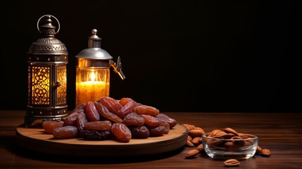 Ramadan lamp and dates on a wooden tray