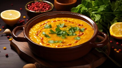 Red lentil soup   . Traditional middle eastern  food