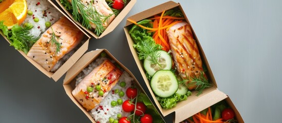 Four paper boxes containing nutritious meals consisting of salmon, rice, cucumbers, and carrots. The healthy take-out options are neatly arranged and viewed from above.