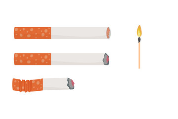 cigarette set, cigarette butt, match, no tobacco. Vector illustration on white background.