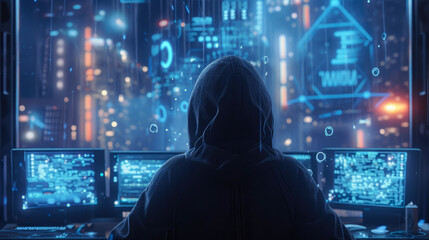 Into the Cyber Void: Hooded Figure Immersed in Digital Data