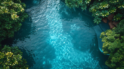 Top view of clear blue swimming pool Shadow and green leaves