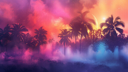 Fototapeta na wymiar Tropical, sunset, palm trees, beach, vibrant colors, pink sky