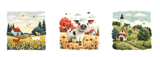 Farm animal, livestock, rural life clipart vector illustration set