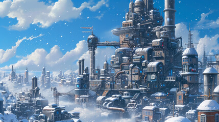 Snowy Skyline: Digital Painting of an Enormous Dieselpunk Mega Metropolis