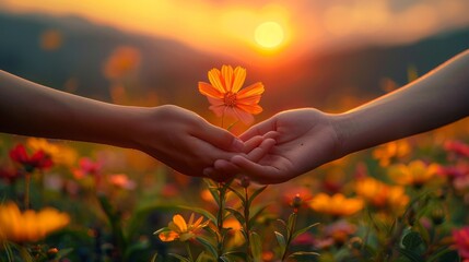Silhouette of reaching, giving a helping hand, hope and support each other over sunset background