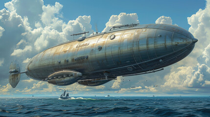 Maritime Majesty: Dieselpunk Zeppelin Floating Serenely Over the Sea