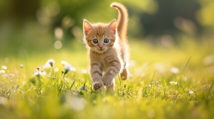 Naklejka na ściany i meble Cute little kitten jumping on green grass, Happy kitten playing in spring park, generative ai