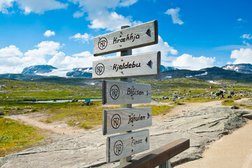 Beautiful mountain and glacier landscape with signpost in Finse, Norway