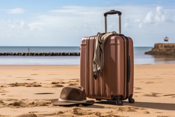 Tranquil beach scene with suitcase, personal belongings, and footprints leading into the sea