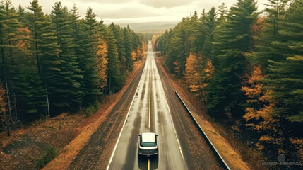 Fototapeta premium A drone captures a car driving along a highway nestled within a forest