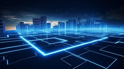 Naklejka premium Electronic high building construction circuit line on ground blue neon