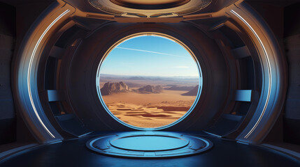 Extraterrestrial Outlook: Beautiful Alien Desert Scene from Spaceship Interior
