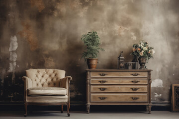 Old interior with aged wall and dresser - obrazy, fototapety, plakaty