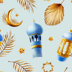 Watercolor seamless pattern with Islamic arabian golden crescent moon, stars on a gold chains, date palm branches, minaret and lanterns illustrations isolated on background. Muslim hand drawn 