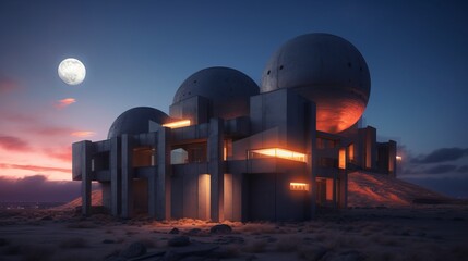 Brutal futuristic architecture. Modern building in geometric style at night.