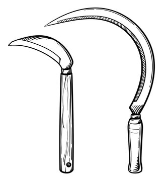 sickles sketch, wooden handles, black and white clip art preview