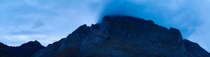 Aerial drone view of the sunset on Mount Amboto in the Urkiola Natural Park. Arrazola Valley. Bizkaia. Basque Country. Spain. Europe