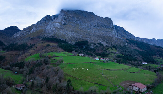 Aerial drone view of the sunset on Mount Amboto in the Urkiola Natural Park. Arrazola Valley. Bizkaia. Basque Country. Spain. Europe