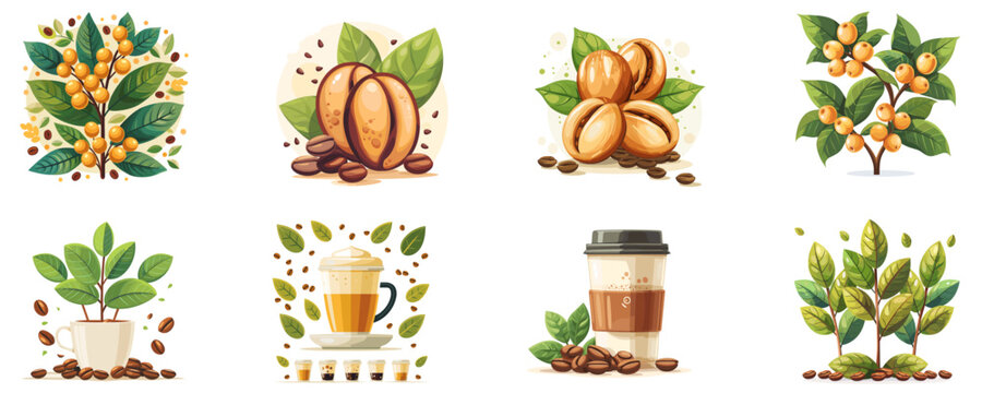 Coffee beans and coffee cup, caffeine, coffee culture clipart vector illustration set