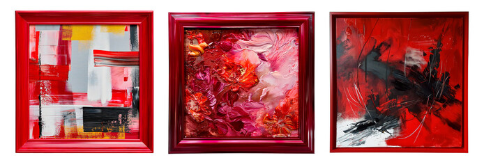 Abstract trendy paintings in red and burgundy frames.  Decor for the room. Isolated on transparent background.