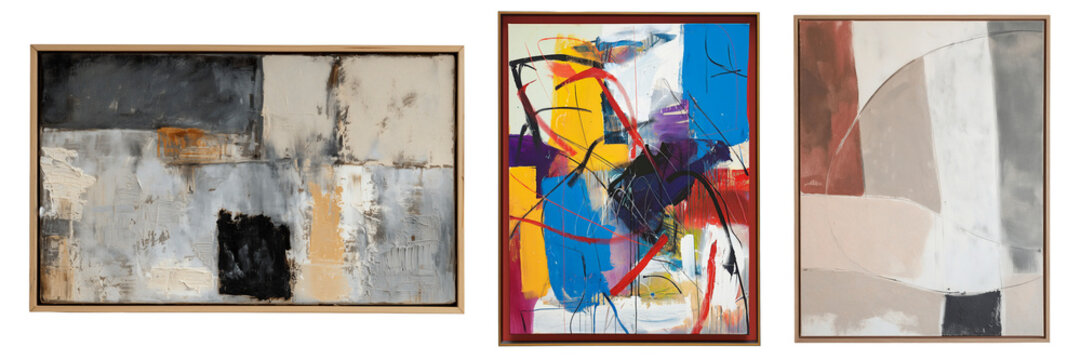 Abstract trendy paintings in neutral frames. Isolated on transparent background.