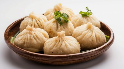 wooden plate of chinese dumplings 