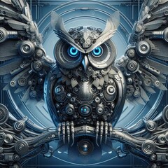 Intricately Designed Mechanical Owl With Glowing Blue Eyes Against a Futuristic Background